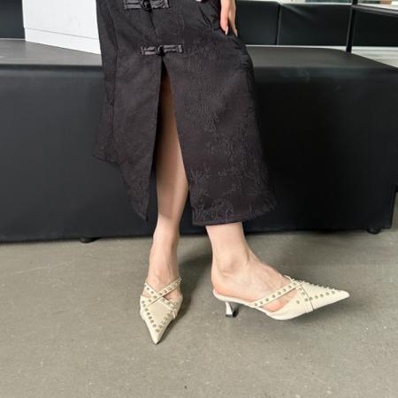 X-33009# 铆钉高跟鞋外穿半拖鞋女夏新款尖头小细跟懒人鞋中跟包头拖鞋 鞋子批发女鞋批发高跟鞋批发