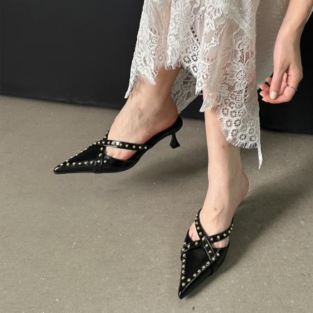 X-33009# 铆钉高跟鞋外穿半拖鞋女夏新款尖头小细跟懒人鞋中跟包头拖鞋 鞋子批发女鞋批发高跟鞋批发