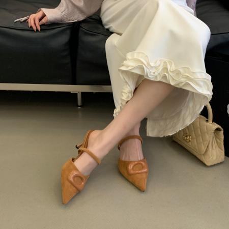 X-33010# 高跟鞋女鞋新款时尚气质两穿拖鞋绒面方扣后绊带细跟包头凉鞋 鞋子批发女鞋批发高跟鞋批发