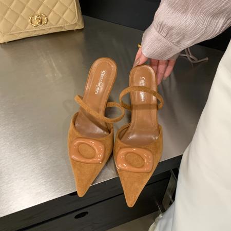 X-33010# 高跟鞋女鞋新款时尚气质两穿拖鞋绒面方扣后绊带细跟包头凉鞋 鞋子批发女鞋批发高跟鞋批发