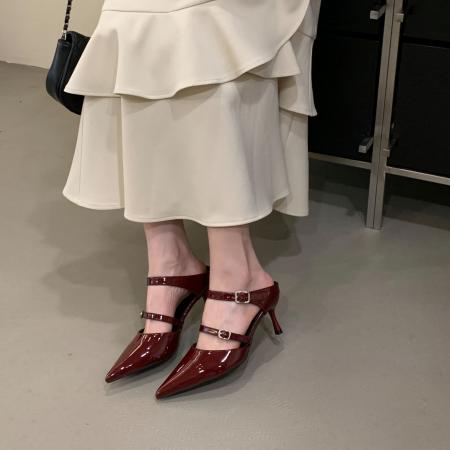 X-33011#性感酒红色水钻包头凉鞋细跟尖头名媛御姐约会高跟鞋女单鞋夏 鞋子批发女鞋批发高跟鞋批发