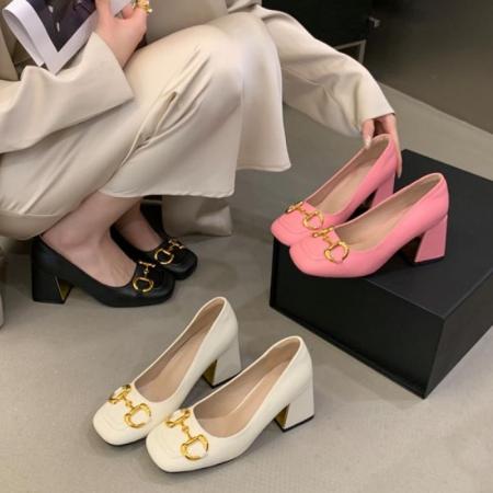 X-33016#新款复古粗高跟马衔扣方头玛丽珍鞋真皮中跟法式女单鞋 鞋子批发女鞋批发高跟鞋批发