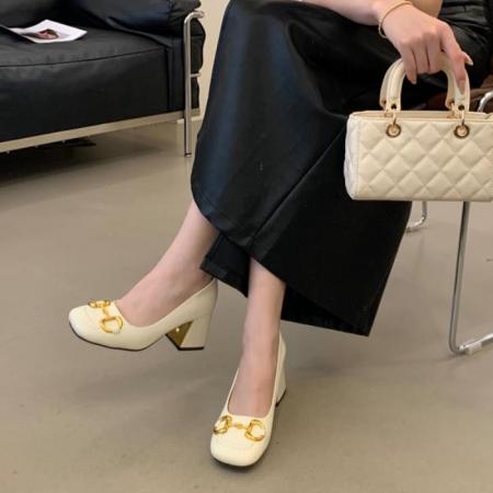 X-33016#新款复古粗高跟马衔扣方头玛丽珍鞋真皮中跟法式女单鞋 鞋子批发女鞋批发高跟鞋批发