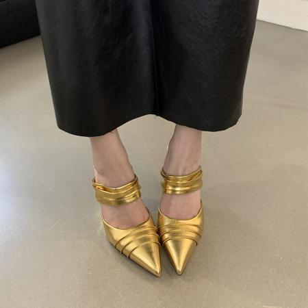 X-33017#法式尖头皱褶包头拖春夏新款坡跟百搭气质时尚高跟半拖鞋 鞋子批发女鞋批发高跟鞋批发