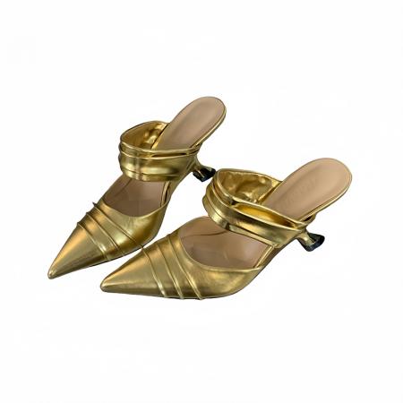 X-33017#法式尖头皱褶包头拖春夏新款坡跟百搭气质时尚高跟半拖鞋 鞋子批发女鞋批发高跟鞋批发