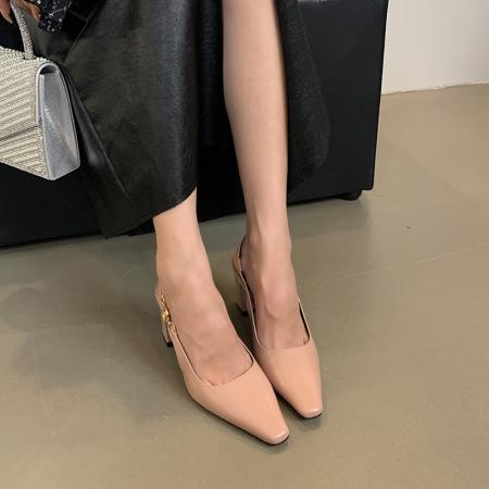 X-33019#法式高跟凉鞋春夏新款气质名媛粗跟一字带包头后空凉鞋女 鞋子批发女鞋批发高跟鞋批发