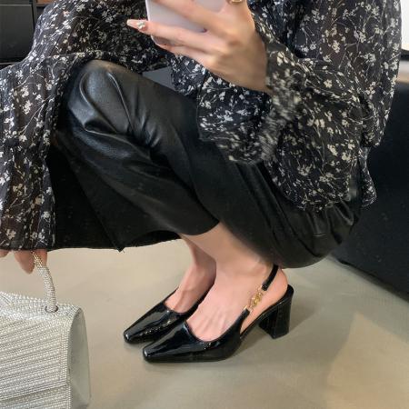 X-33019#法式高跟凉鞋春夏新款气质名媛粗跟一字带包头后空凉鞋女 鞋子批发女鞋批发高跟鞋批发