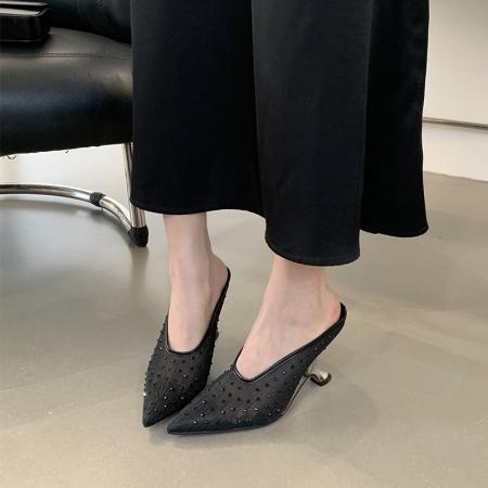 X-33020#小众设计水钻包头拖春夏新款透气镂空尖头细跟网纱凉半拖 鞋子批发女鞋批发高跟鞋批发