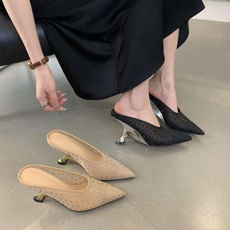 X-33020#小众设计水钻包头拖春夏新款透气镂空尖头细跟网纱凉半拖 鞋子批发女鞋批发高跟鞋批发