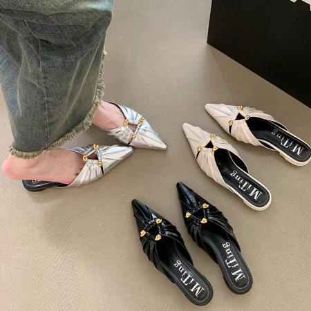 X-33021#欧美风褶皱金属扣高跟穆勒鞋春夏尖头舒适软皮包头凉拖鞋 鞋子批发女鞋批发高跟鞋批发