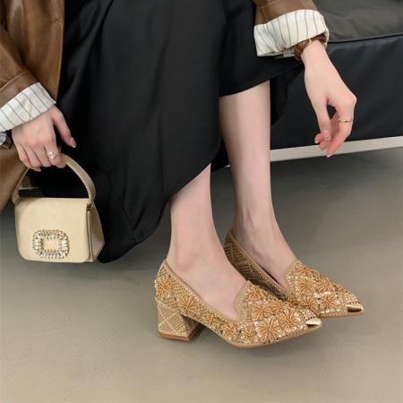 X-33023#轻奢风尖头粗跟单鞋春夏新款一脚蹬浅口重工水钻宴会单鞋 鞋子批发女鞋批发高跟鞋批发