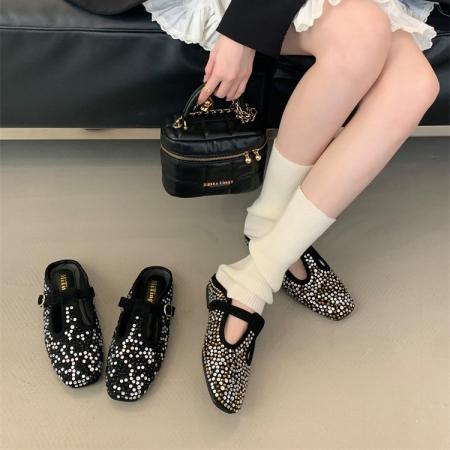 X-33026#水钻包头半拖鞋春夏懒人半拖外穿百搭方头平底一脚蹬拖鞋 鞋子批发女鞋批发高跟鞋批发