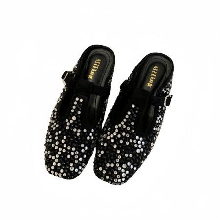 X-33026#水钻包头半拖鞋春夏懒人半拖外穿百搭方头平底一脚蹬拖鞋 鞋子批发女鞋批发高跟鞋批发