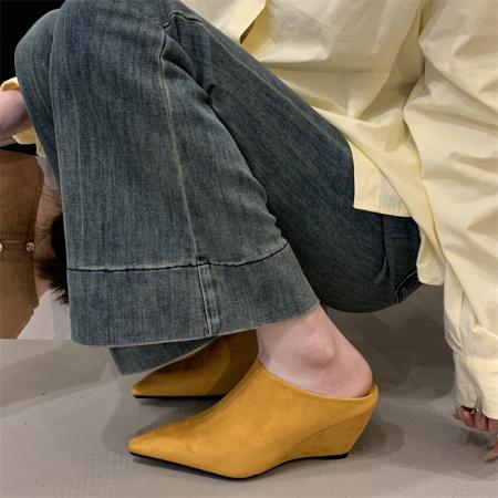 X-33029#欧美简约尖头包头拖鞋早春绒增高坡跟懒人外穿一脚蹬半拖 鞋子批发女鞋批发高跟鞋批发