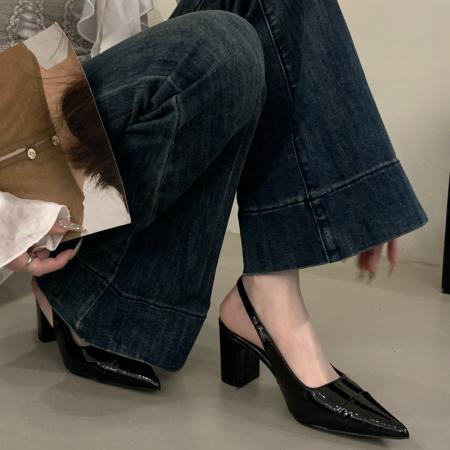 X-33031#小香风尖头粗跟鞋早春新款简约百搭法式漆皮包头后绊带凉鞋女 鞋子批发女鞋批发高跟鞋批发