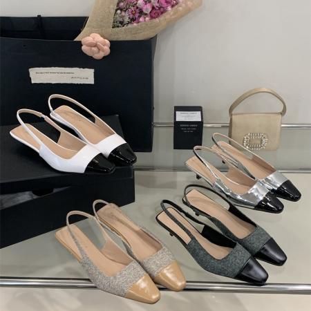 X-33032#小香风春款气质小方头浅口后空通勤百搭小粗跟凉鞋女春夏 鞋子批发女鞋批发高跟鞋批发