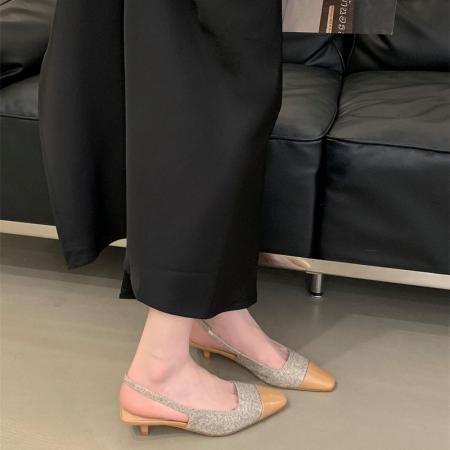 X-33032#小香风春款气质小方头浅口后空通勤百搭小粗跟凉鞋女春夏 鞋子批发女鞋批发高跟鞋批发