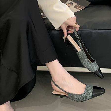 X-33032#小香风春款气质小方头浅口后空通勤百搭小粗跟凉鞋女春夏 鞋子批发女鞋批发高跟鞋批发