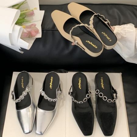 X-33033#羊皮版内增高4cm方头一字带水钻百搭包头凉鞋银色时尚舒适凉拖鞋 鞋子批发女鞋批发高跟鞋批发