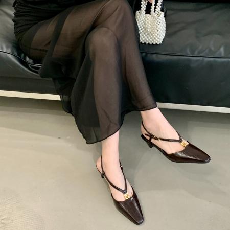 X-33034#新款京圈富美方头小金扣鳗鱼纹小猫跟后空凉鞋女夏季 鞋子批发女鞋批发高跟鞋批发