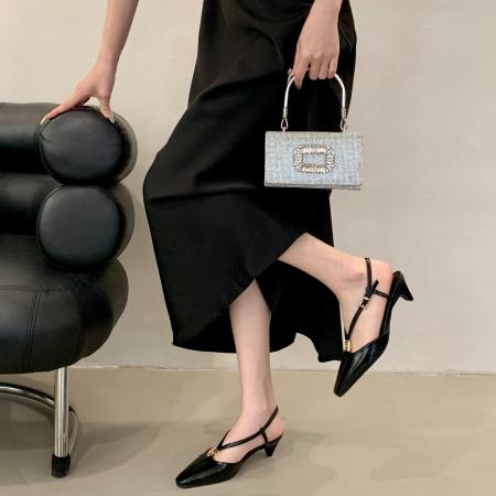 X-33034#新款京圈富美方头小金扣鳗鱼纹小猫跟后空凉鞋女夏季 鞋子批发女鞋批发高跟鞋批发