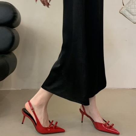 X-33036#黑色高跟鞋设计感小众气质蝴蝶结漆皮一字带包头凉鞋女夏季 鞋子批发女鞋批发高跟鞋批发