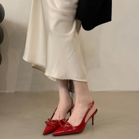 X-33036#黑色高跟鞋设计感小众气质蝴蝶结漆皮一字带包头凉鞋女夏季 鞋子批发女鞋批发高跟鞋批发