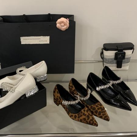 X-33039#羊皮版～尖头单鞋女百搭粗跟法式温柔水钻链条一字带玛丽珍鞋女 鞋子批发女鞋批发高跟鞋批发