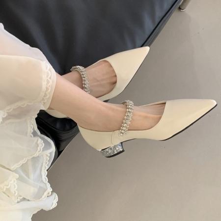 X-33039#羊皮版～尖头单鞋女百搭粗跟法式温柔水钻链条一字带玛丽珍鞋女 鞋子批发女鞋批发高跟鞋批发