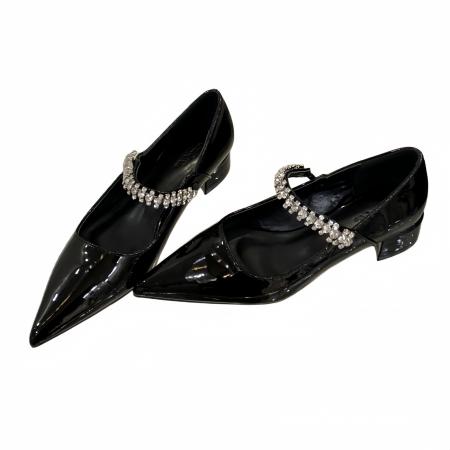 X-33039#羊皮版～尖头单鞋女百搭粗跟法式温柔水钻链条一字带玛丽珍鞋女 鞋子批发女鞋批发高跟鞋批发