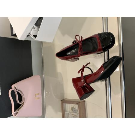 X-33041#粗跟玛丽珍鞋新款漆皮蝴蝶结酒红色女单鞋一字带扣高跟鞋黑色 鞋子批发女鞋批发高跟鞋批发