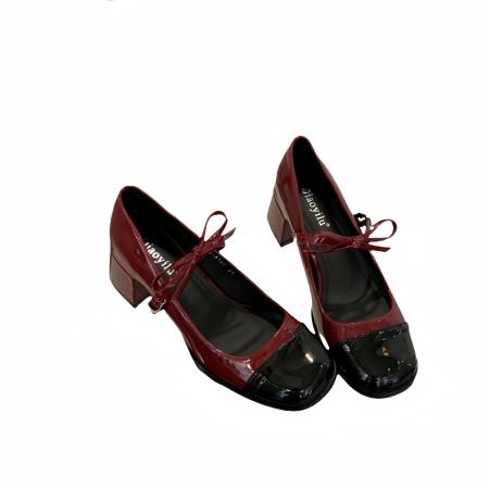 X-33041#粗跟玛丽珍鞋新款漆皮蝴蝶结酒红色女单鞋一字带扣高跟鞋黑色 鞋子批发女鞋批发高跟鞋批发