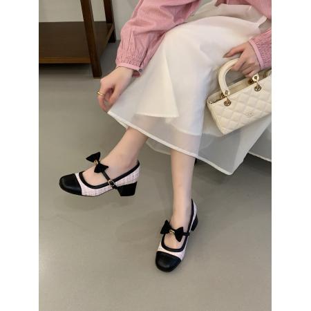 X-33047#春夏款小香风一字带玛丽珍女鞋粗跟圆头高跟鞋蝴蝶结搭扣单鞋 鞋子批发女鞋批发高跟鞋批发