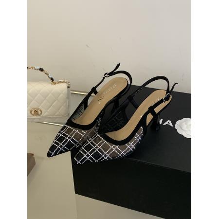 X-33049#尖头后空一字带法式高跟单鞋女百搭时尚网格水钻绝美包头凉鞋 鞋子批发女鞋批发高跟鞋批发