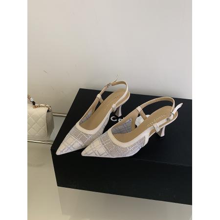 X-33049#尖头后空一字带法式高跟单鞋女百搭时尚网格水钻绝美包头凉鞋 鞋子批发女鞋批发高跟鞋批发