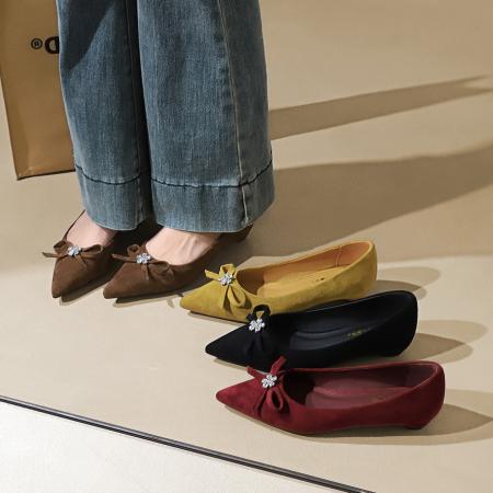 X-33053#韩版时尚蝴蝶结水钻小花尖头浅口一脚蹬高级感绒面单鞋女 鞋子批发女鞋批发高跟鞋批发