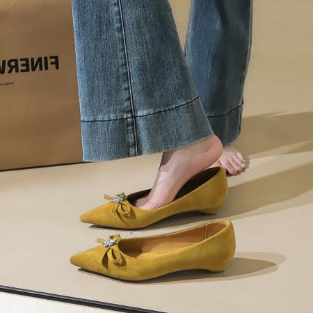 X-33053#韩版时尚蝴蝶结水钻小花尖头浅口一脚蹬高级感绒面单鞋女 鞋子批发女鞋批发高跟鞋批发