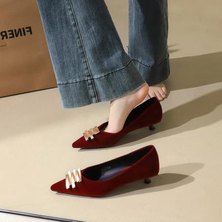 X-33054#韩版气质低跟绒面女鞋尖头浅口金属扣一脚蹬时尚单鞋女 鞋子批发女鞋批发高跟鞋批发