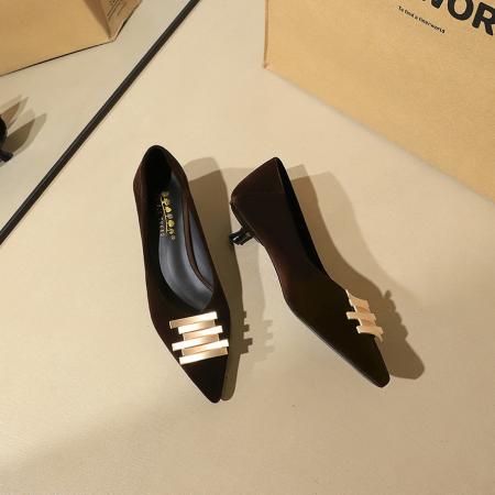 X-33054#韩版气质低跟绒面女鞋尖头浅口金属扣一脚蹬时尚单鞋女 鞋子批发女鞋批发高跟鞋批发