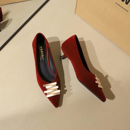 X-33054#韩版气质低跟绒面女鞋尖头浅口金属扣一脚蹬时尚单鞋女 鞋子批发女鞋批发高跟鞋批发