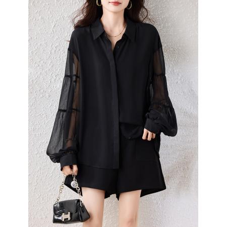 FA55355# 黑色衬衫女轻奢高级感减龄洋气灯笼袖上衣春季新款上衣 服裝批發女裝批發服飾貨源
