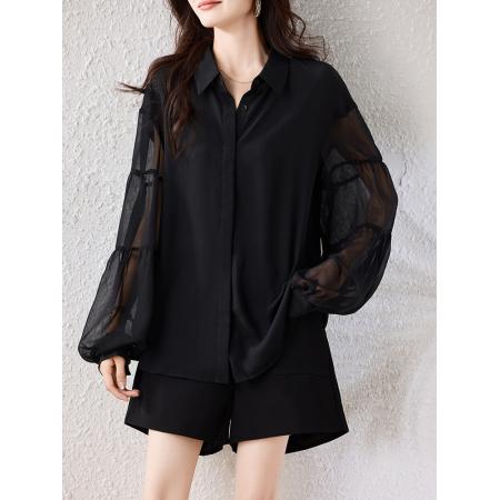 FA55355# 黑色衬衫女轻奢高级感减龄洋气灯笼袖上衣春季新款上衣 服裝批發女裝批發服飾貨源