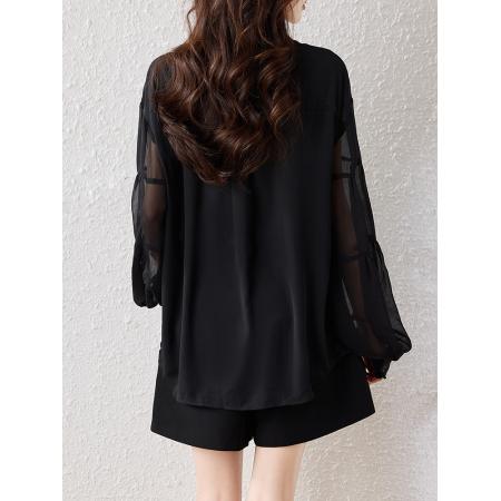FA55355# 黑色衬衫女轻奢高级感减龄洋气灯笼袖上衣春季新款上衣 服裝批發女裝批發服飾貨源