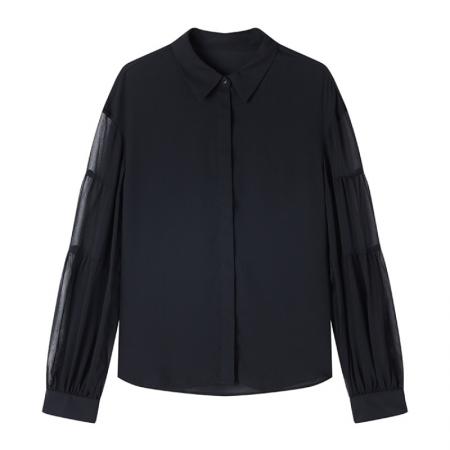 FA55355# 黑色衬衫女轻奢高级感减龄洋气灯笼袖上衣春季新款上衣 服裝批發女裝批發服飾貨源