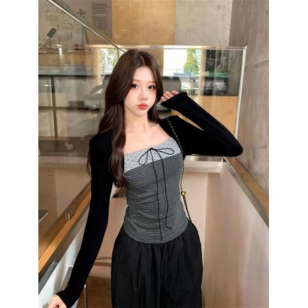 辣妹韩系撞色蝴蝶结系带波点元素坎肩假两件上衣T恤女 服裝批發女裝批發服飾貨源