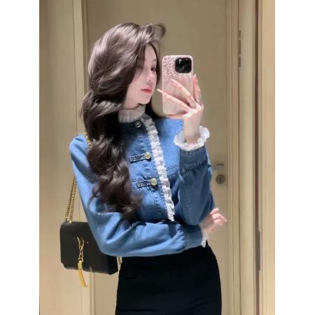 FA55358# 独特别致蓝色牛仔上衣女冬季爆款轻奢高级感时髦洋气百搭衬衣 服裝批發女裝批發服飾貨源