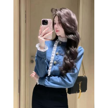 FA55358# 独特别致蓝色牛仔上衣女冬季爆款轻奢高级感时髦洋气百搭衬衣 服裝批發女裝批發服飾貨源