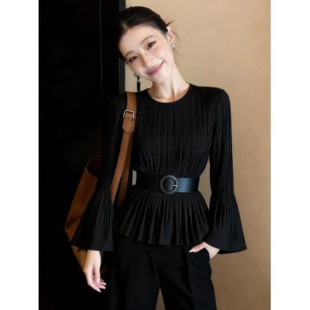 FA55359# 春季新款轻奢设计感黑色喇叭袖收腰上衣女通勤显瘦高级百搭 服裝批發女裝批發服飾貨源