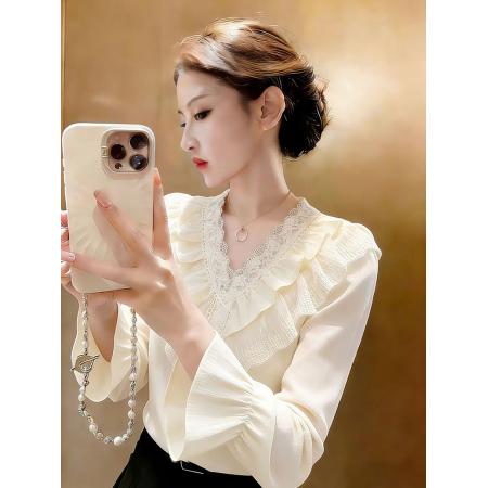 FA55360# 超火独特漂亮炸街减龄上衣轻熟小众不撞款杏色蕾丝花边衬衫女春季 服裝批發女裝批發服飾貨源