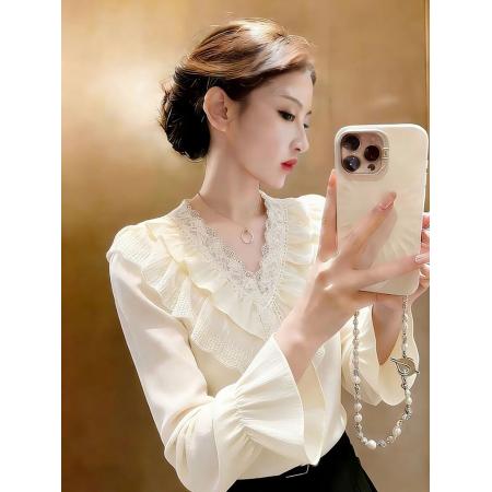 FA55360# 超火独特漂亮炸街减龄上衣轻熟小众不撞款杏色蕾丝花边衬衫女春季 服裝批發女裝批發服飾貨源